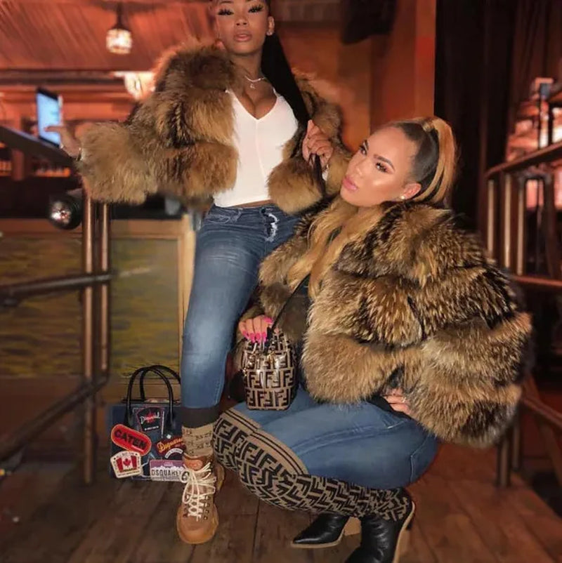 Punk Fake Raccoon Fur Jacket Women Autumn Winter Faux Fur Fox Coats Short Coat Jackets Furry Outerwear Work Thick Warm Coats