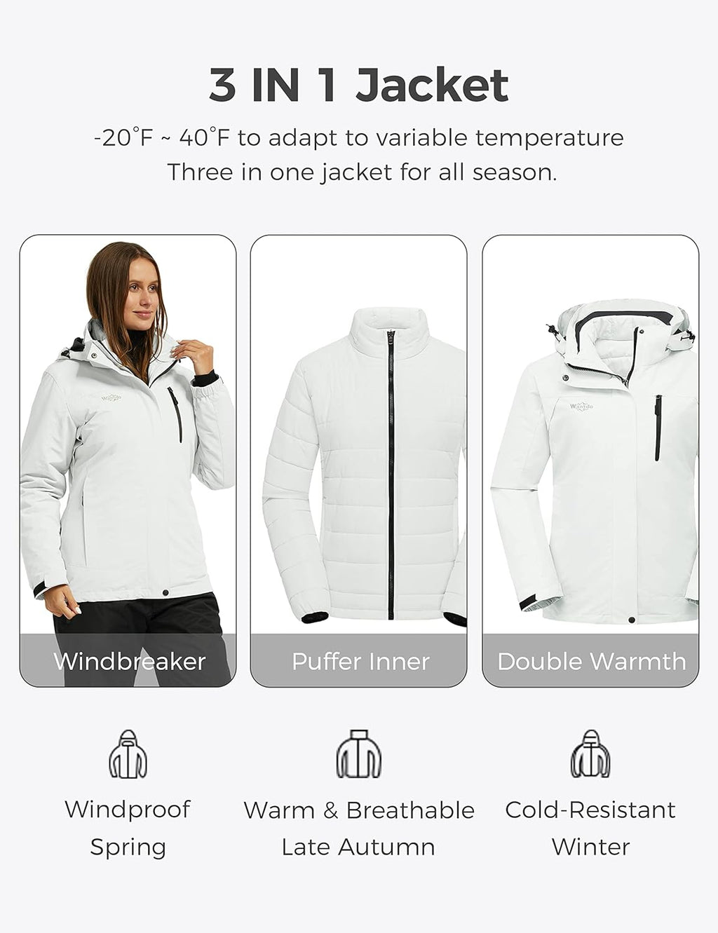 Women'S 3 in 1 Ski Jacket Cotton Padded Liner Winter Coat